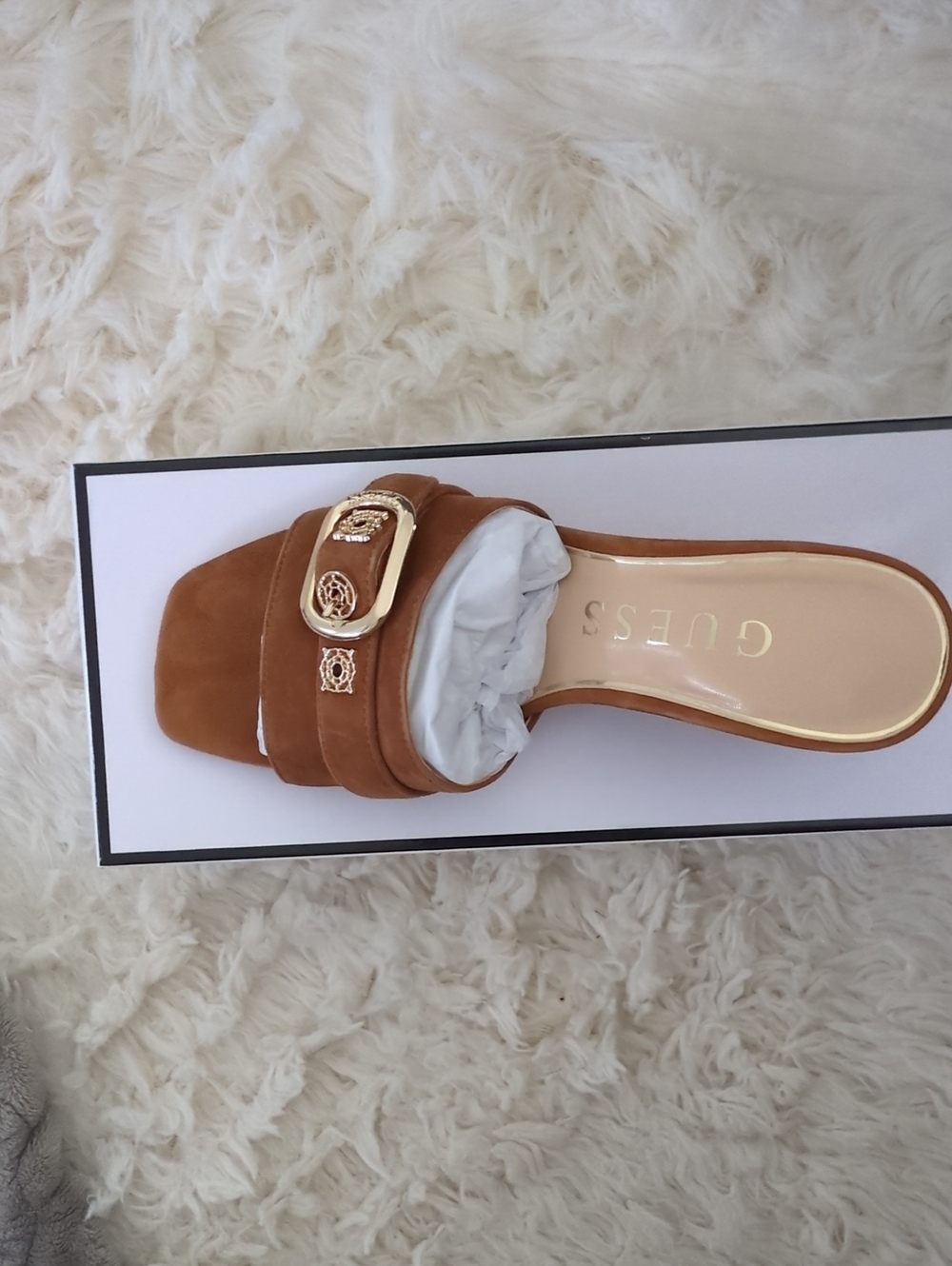 GUESS Brown Suede Slide with Gold-Tone Buckle